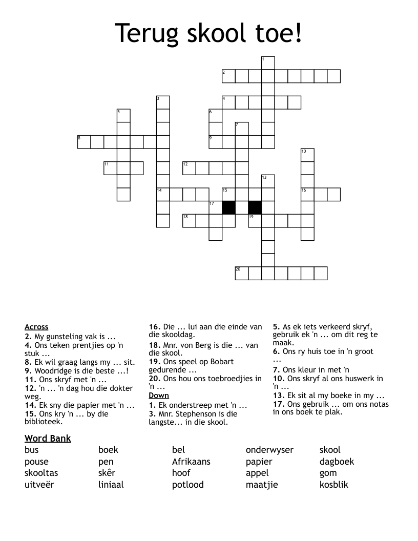 Terug skool toe! Crossword
