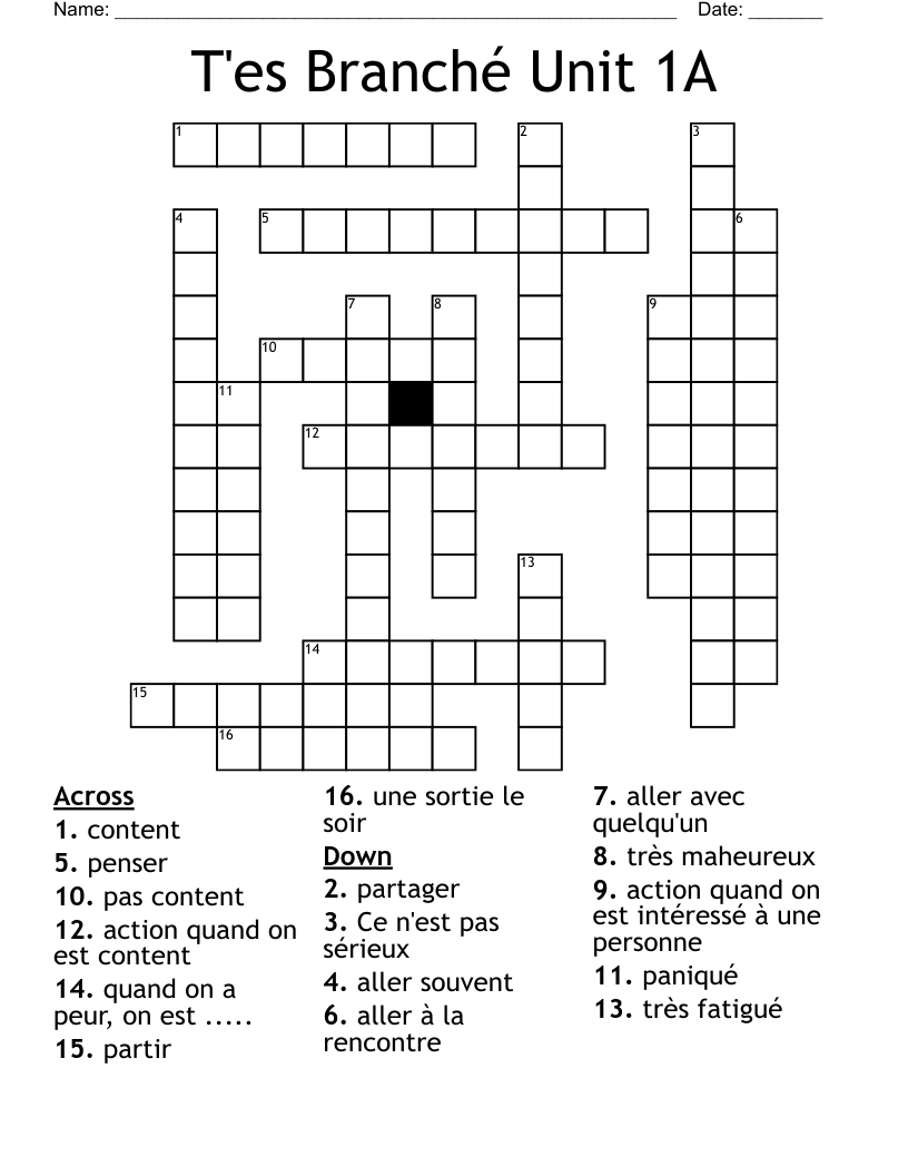 T'es Branché Unit 1A Crossword