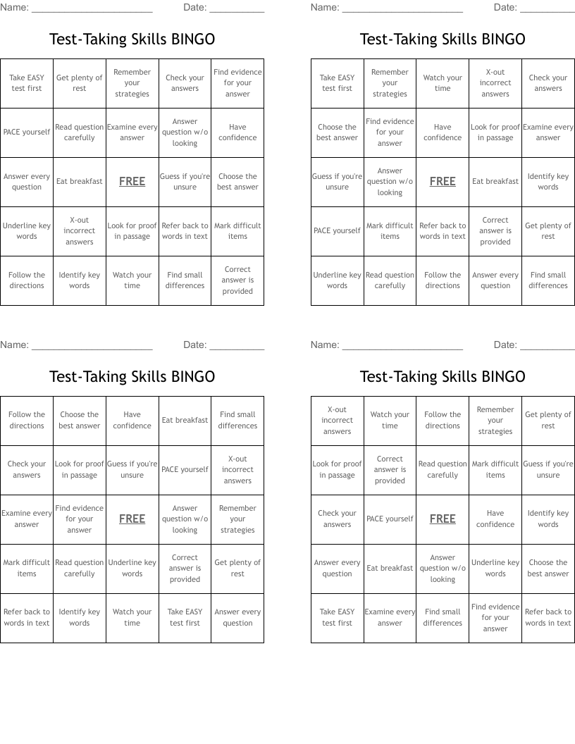 Test-Taking Skills BINGO