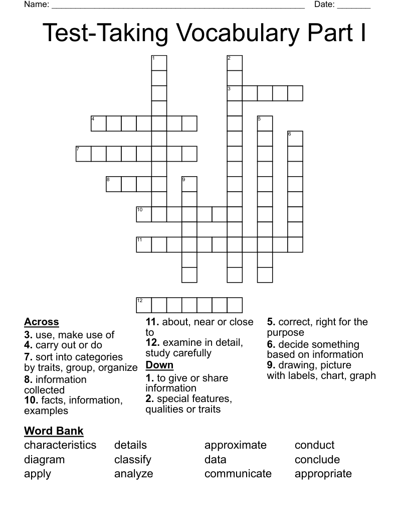 Test-Taking Vocabulary Part I Crossword