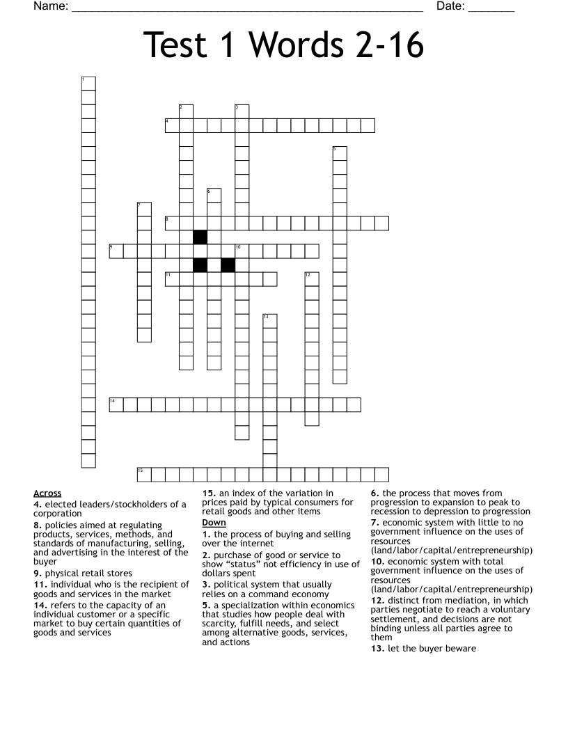 Test 1 Words 2-16 Crossword