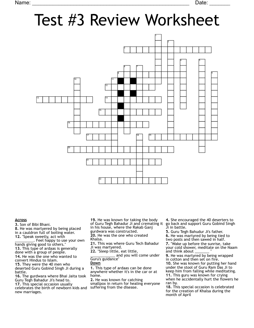 Test #3 Review Worksheet Crossword