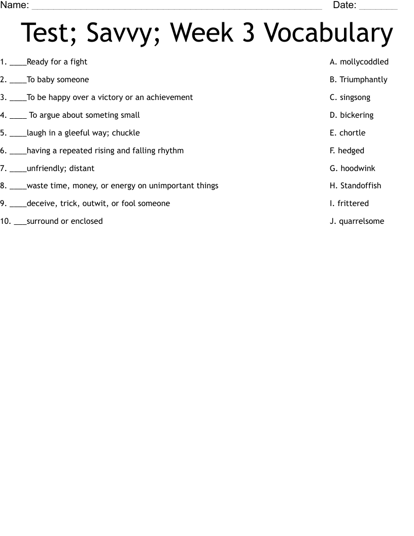 Test; Savvy; Week 3 Vocabulary Worksheet