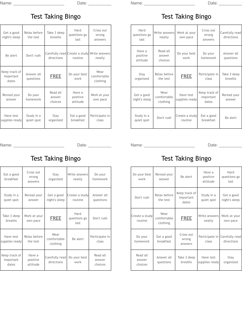 Test Taking Bingo