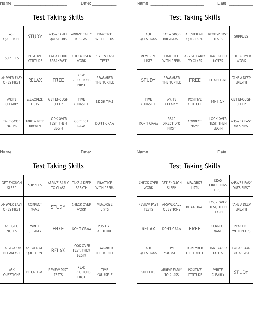 Test Taking Skills Bingo Cards