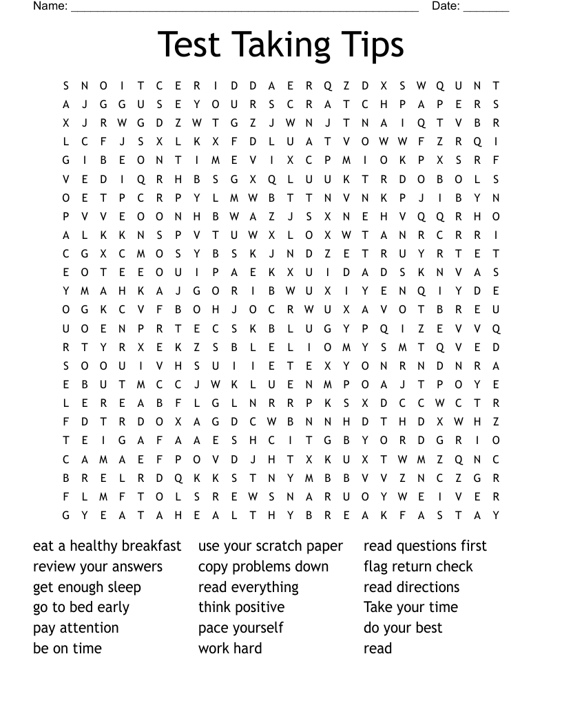 Test Taking Tips Word Search