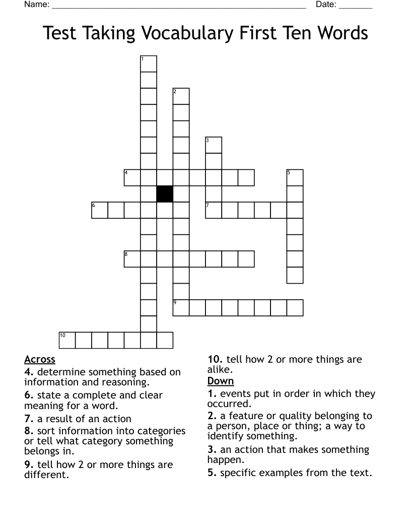 Test Taking Vocabulary First Ten Words Crossword