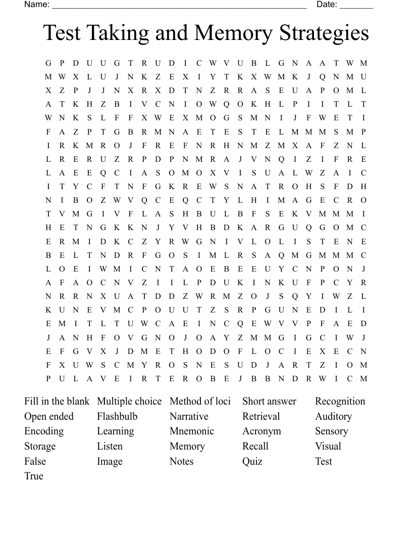 Test Taking and Memory Strategies Word Search