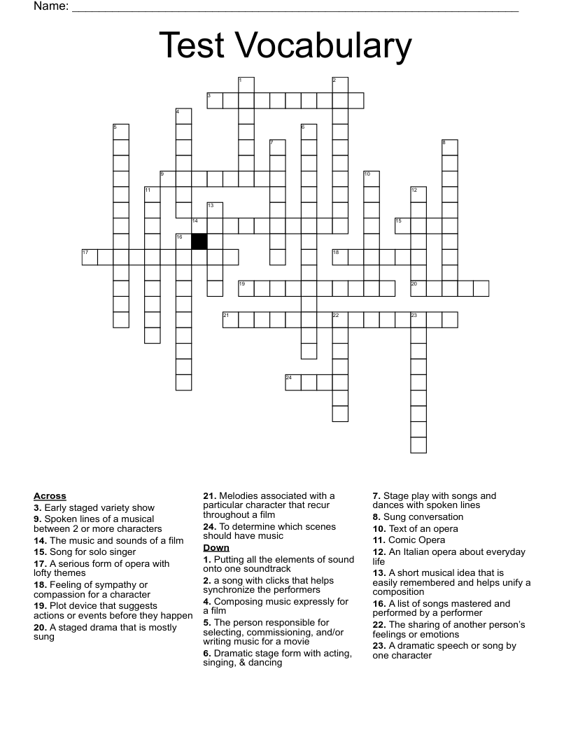Test Vocabulary Crossword