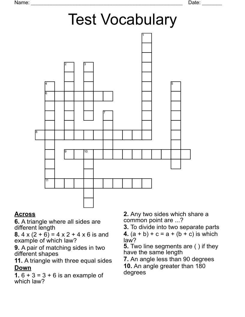 Test Vocabulary Crossword