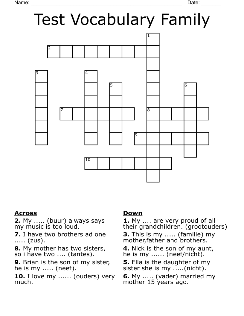 Test Vocabulary Family Crossword