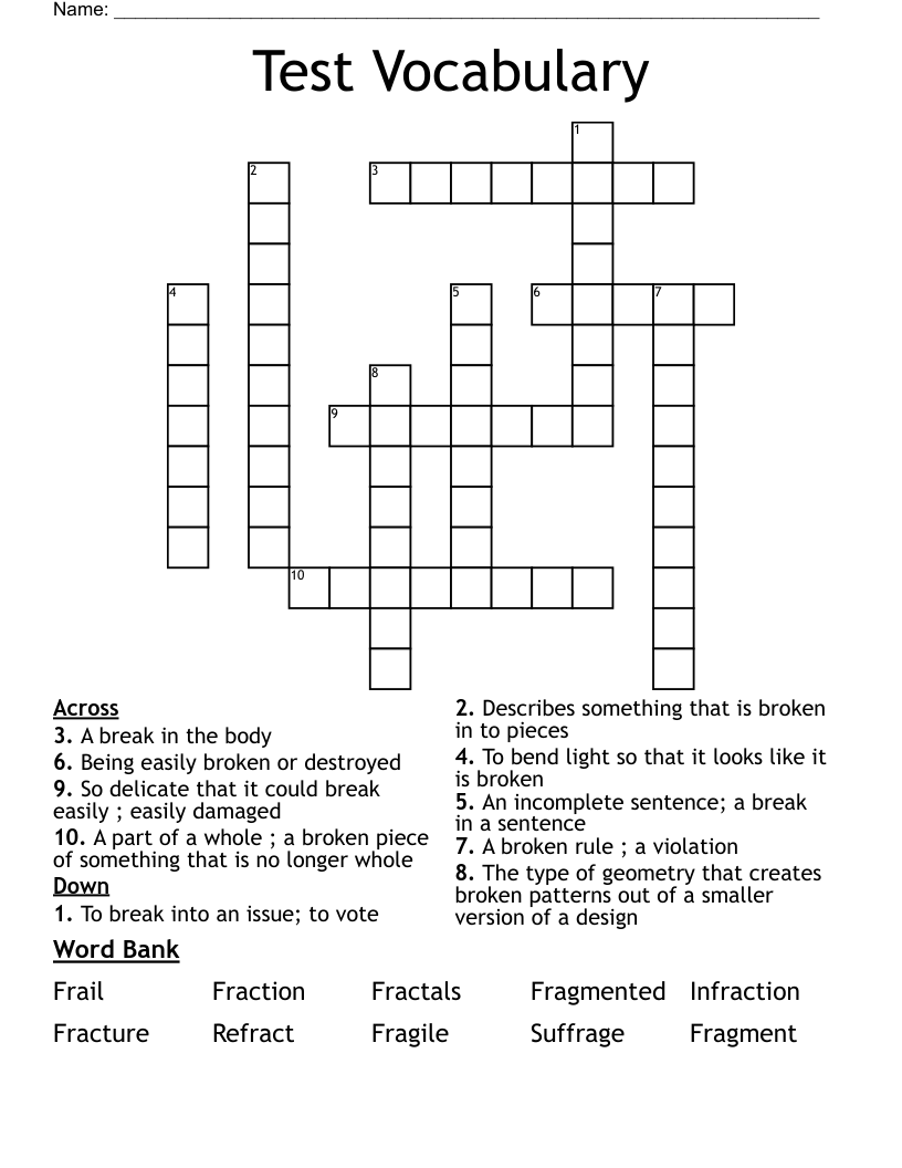 Test Vocabulary  Crossword