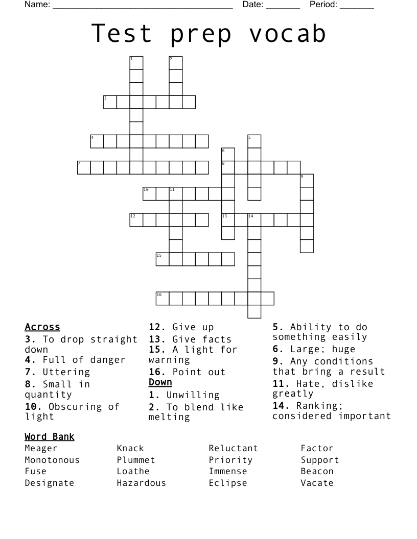 Test prep vocab Crossword