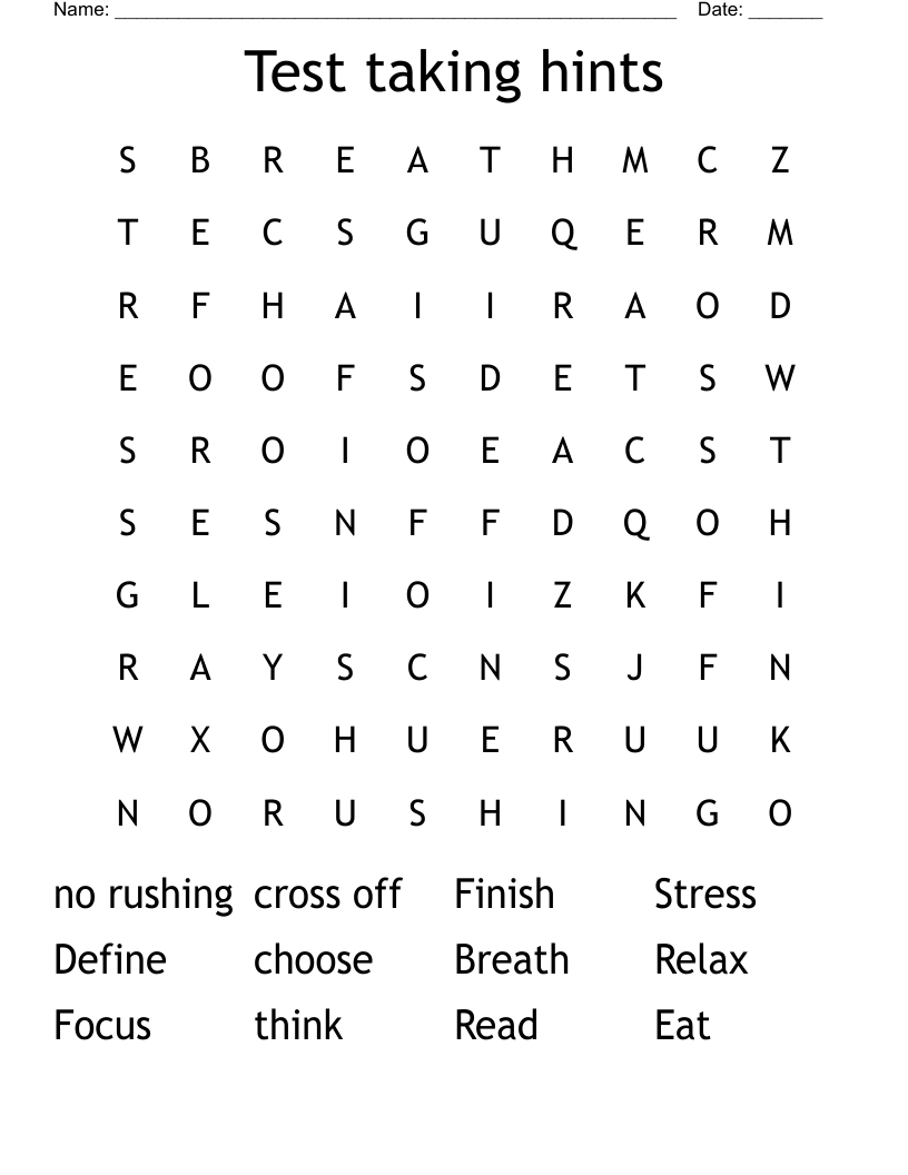 Test taking hints Word Search