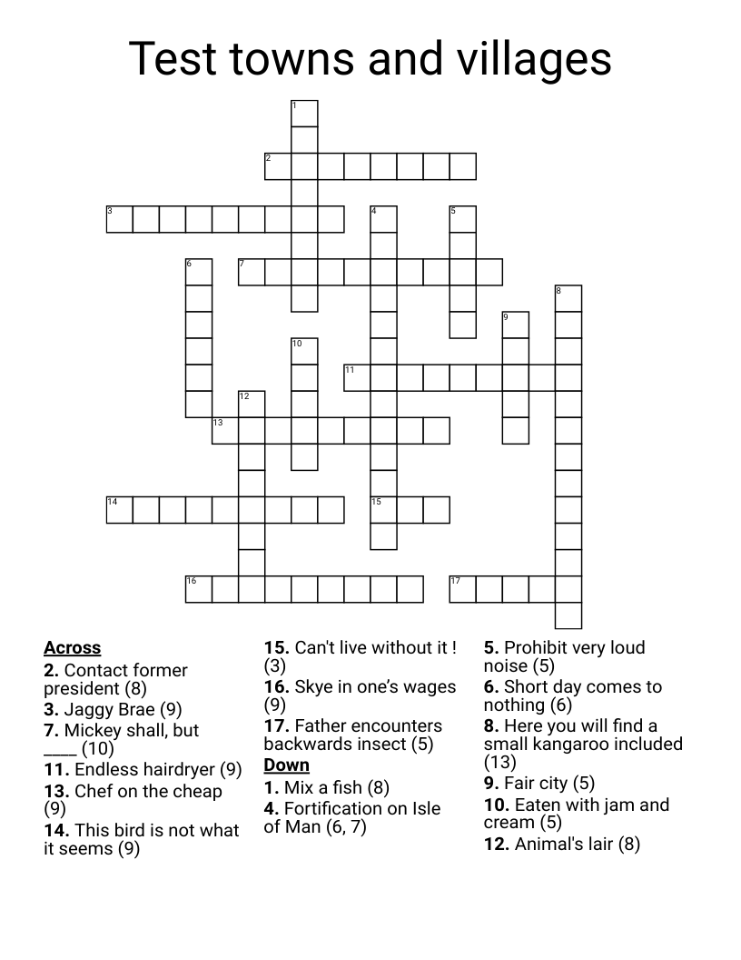 Test towns and villages Crossword