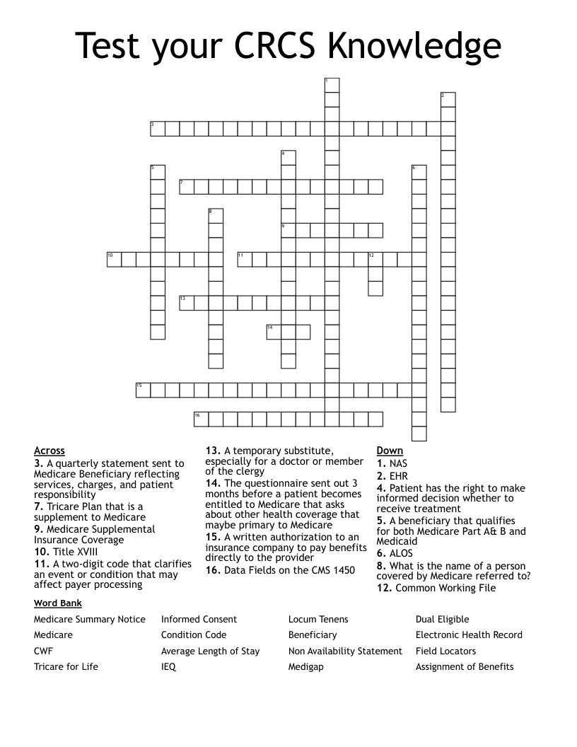 Test your CRCS Knowledge Crossword