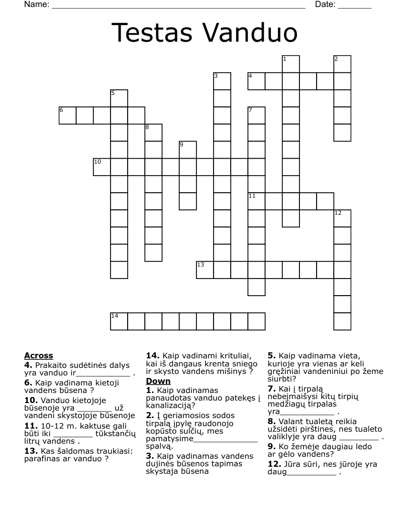 Testas Vanduo Crossword