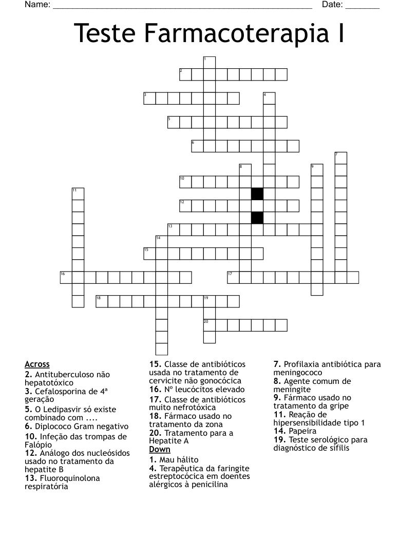 Teste Farmacoterapia I Crossword