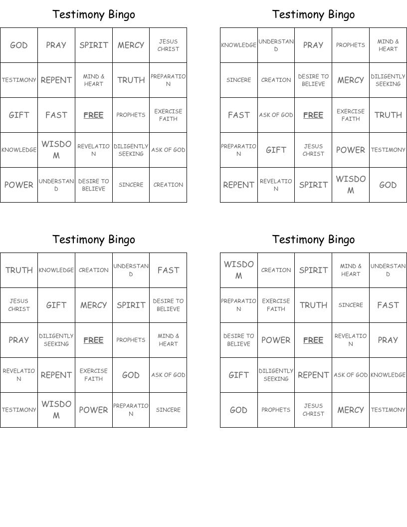 Testimony Bingo