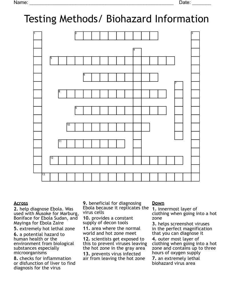 Testing Methods/ Biohazard Information Crossword