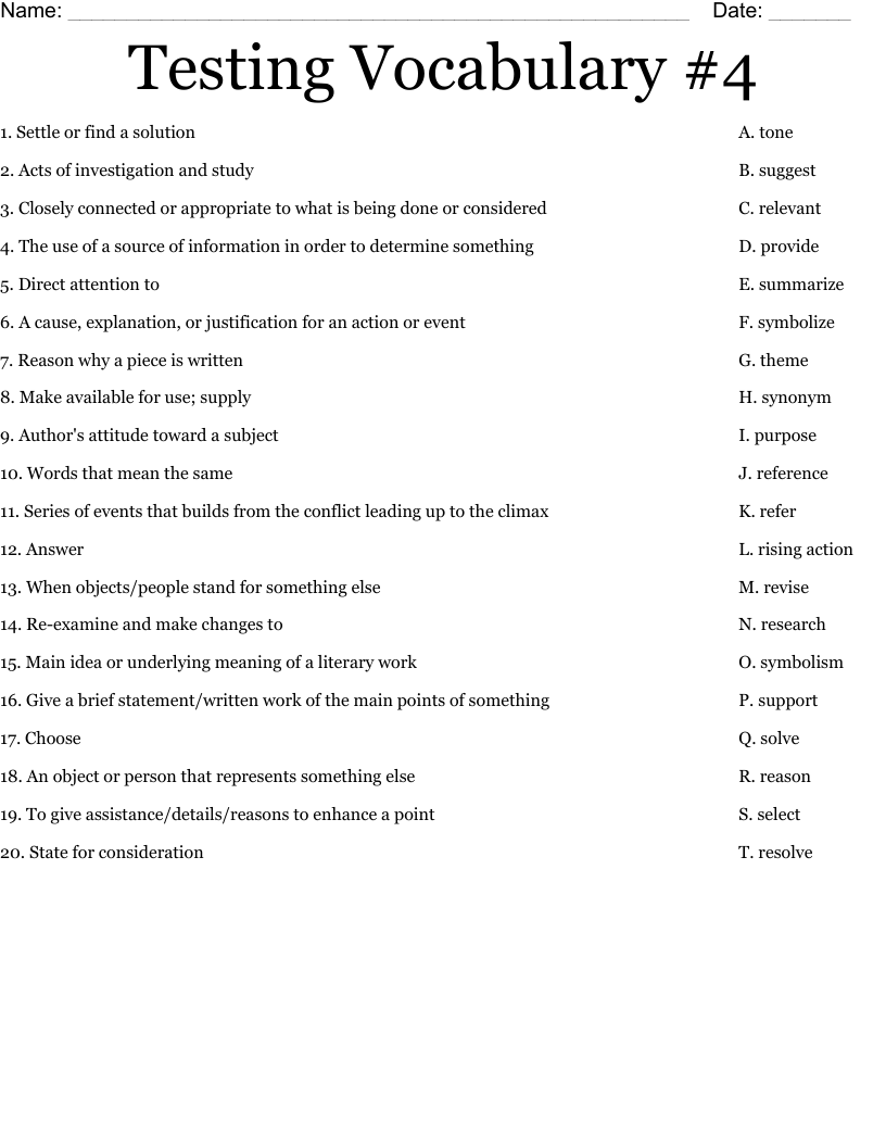 Testing Vocabulary #4 Worksheet