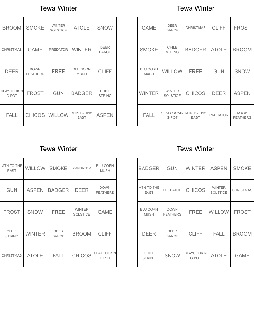 Tewa Winter Bingo Cards