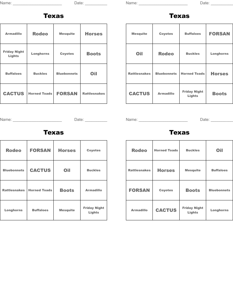 Texas Bingo Cards