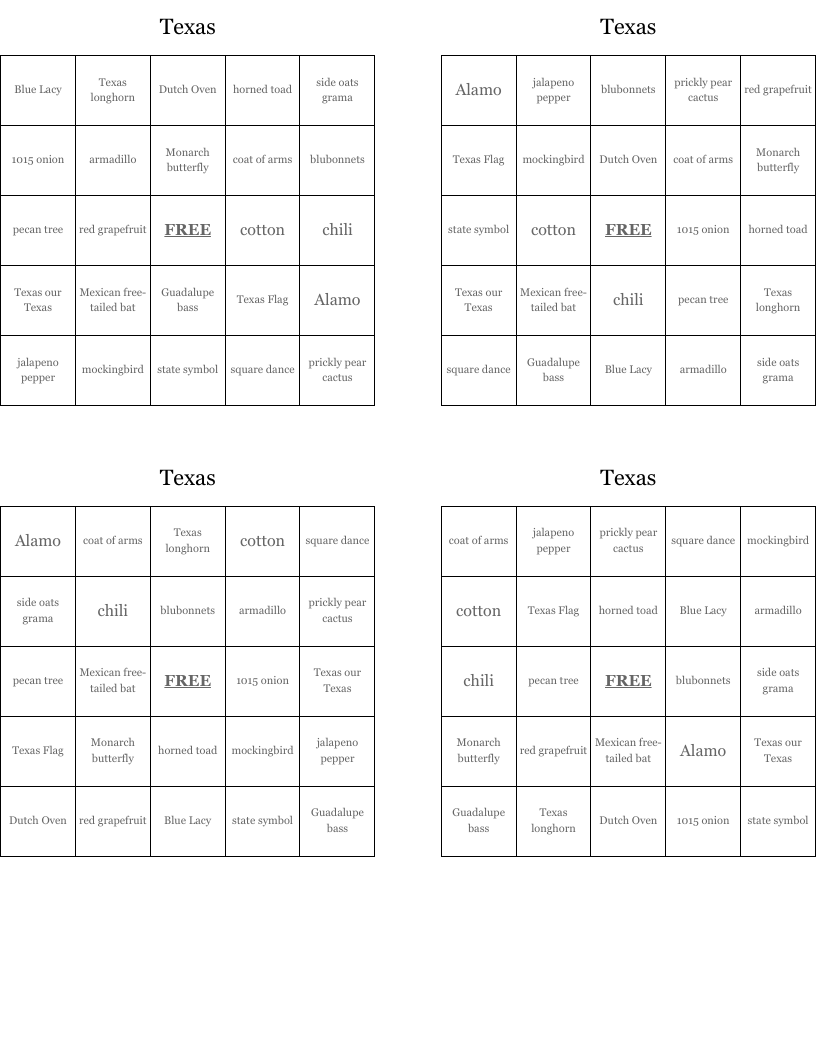 Texas Bingo Cards