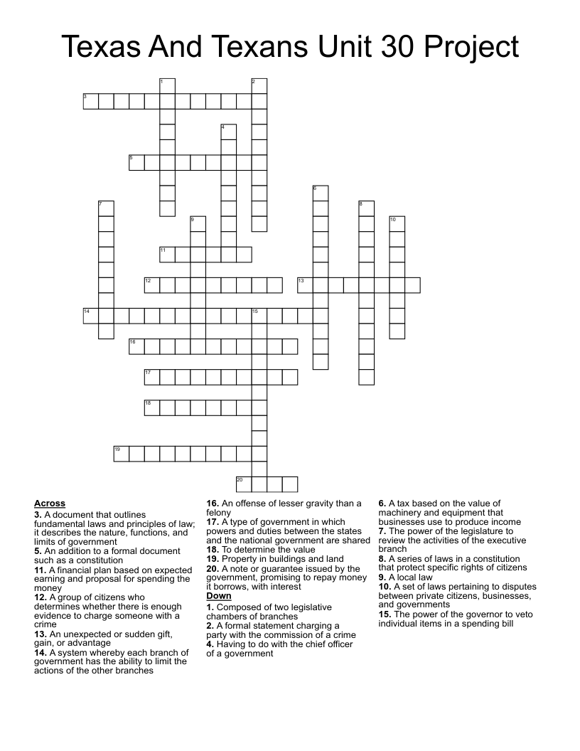Texas And Texans Unit 30 Project Crossword