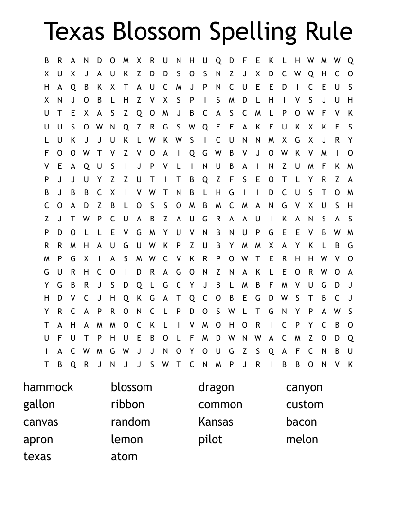 Texas Blossom Spelling Rule Word Search