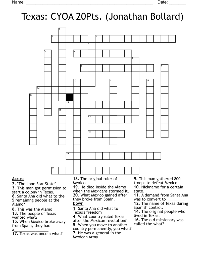 Texas: CYOA 20Pts. (Jonathan Bollard) Crossword