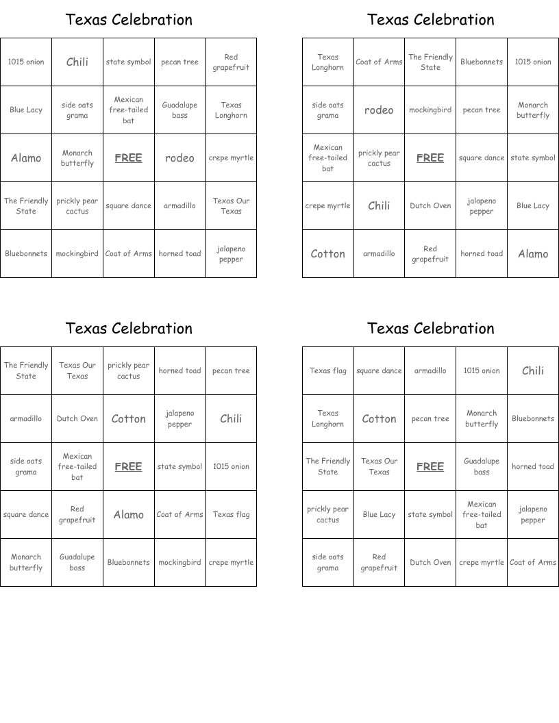Texas Celebration Bingo Cards