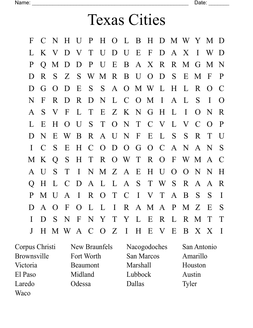 Texas Cities Word Search