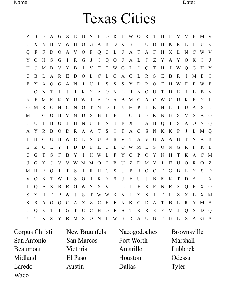 Texas Cities Word Search
