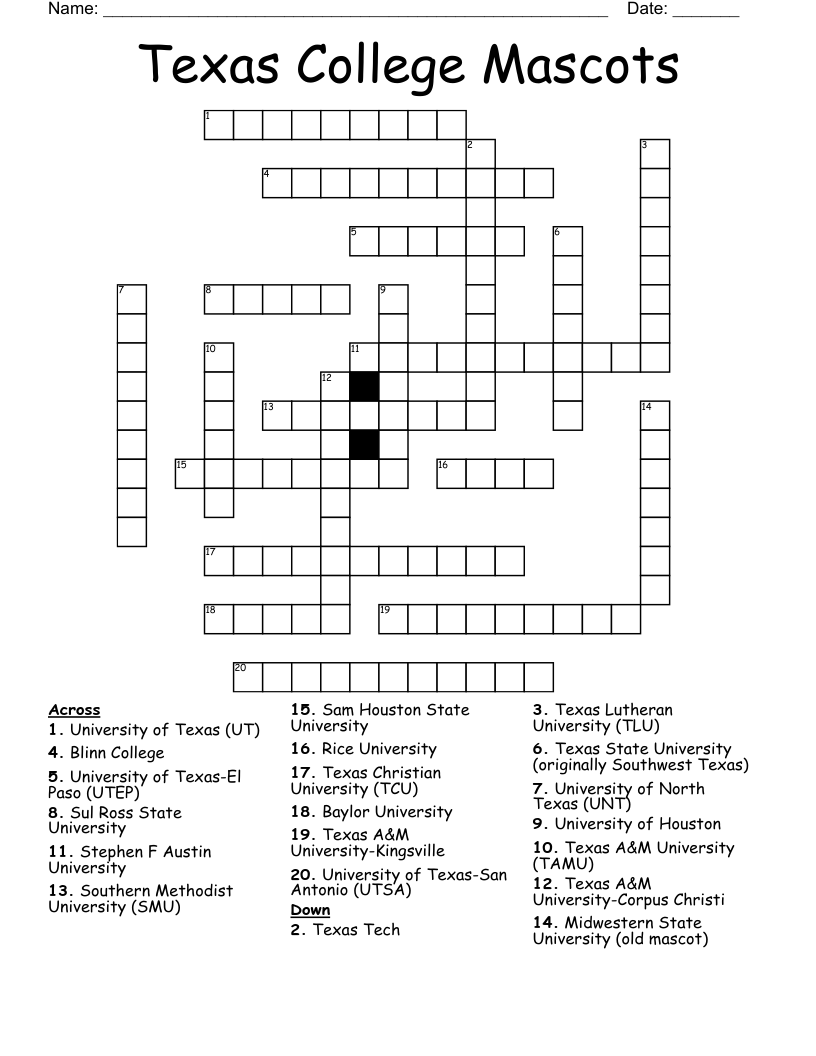 Texas College Mascots Crossword