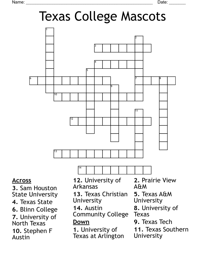 Texas College Mascots Crossword