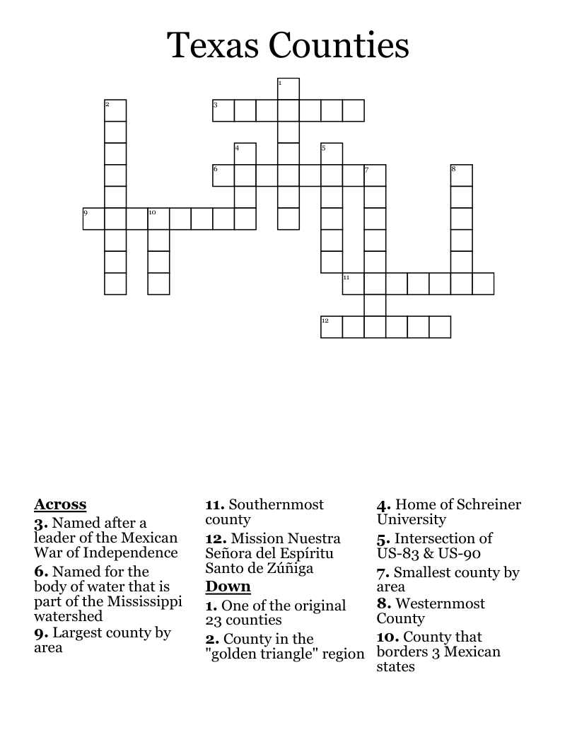 Texas Counties  Crossword