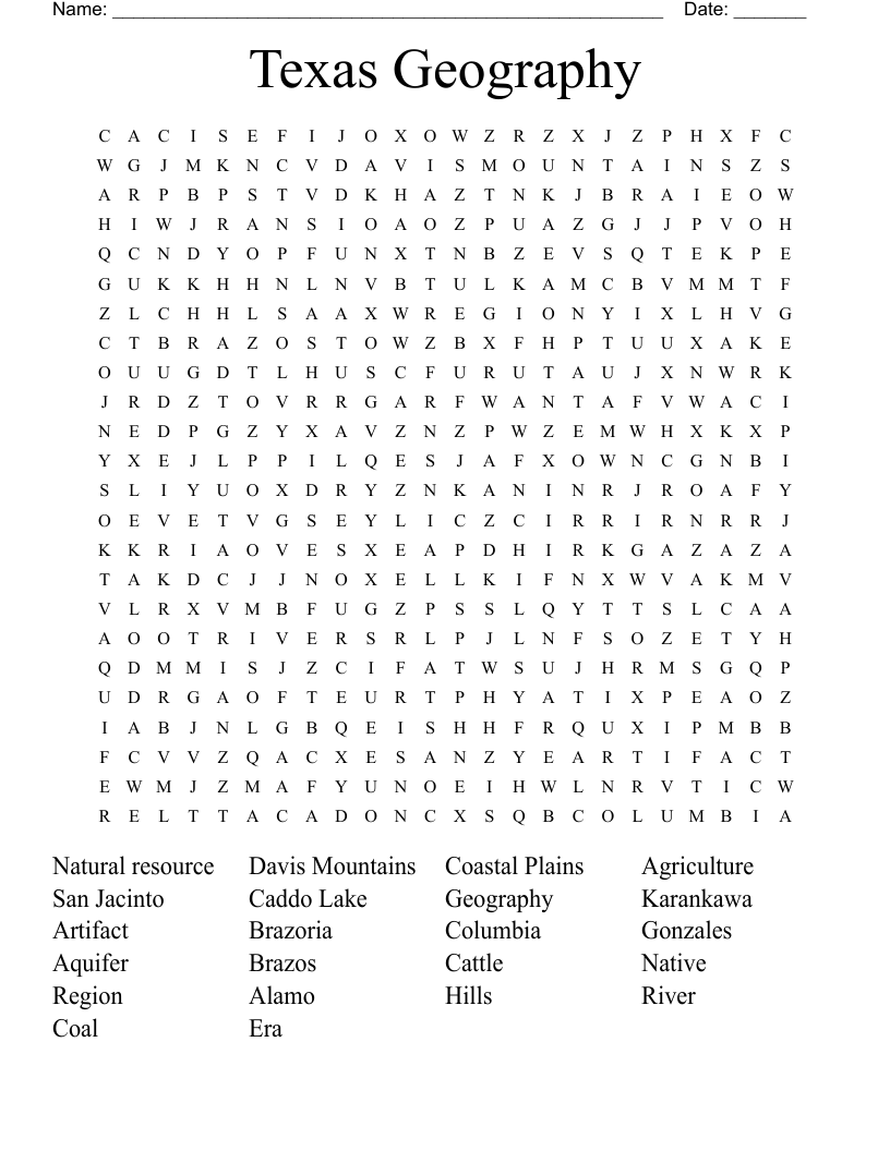 Texas Geography Word Search