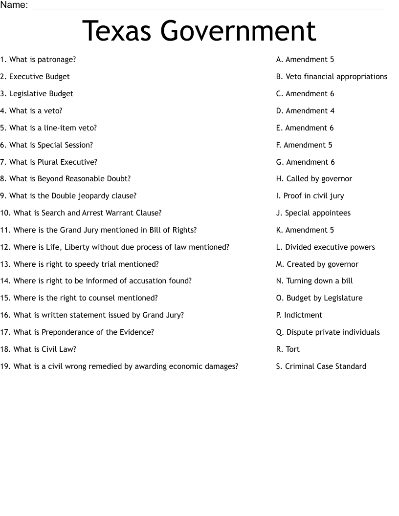 Texas Government Worksheet