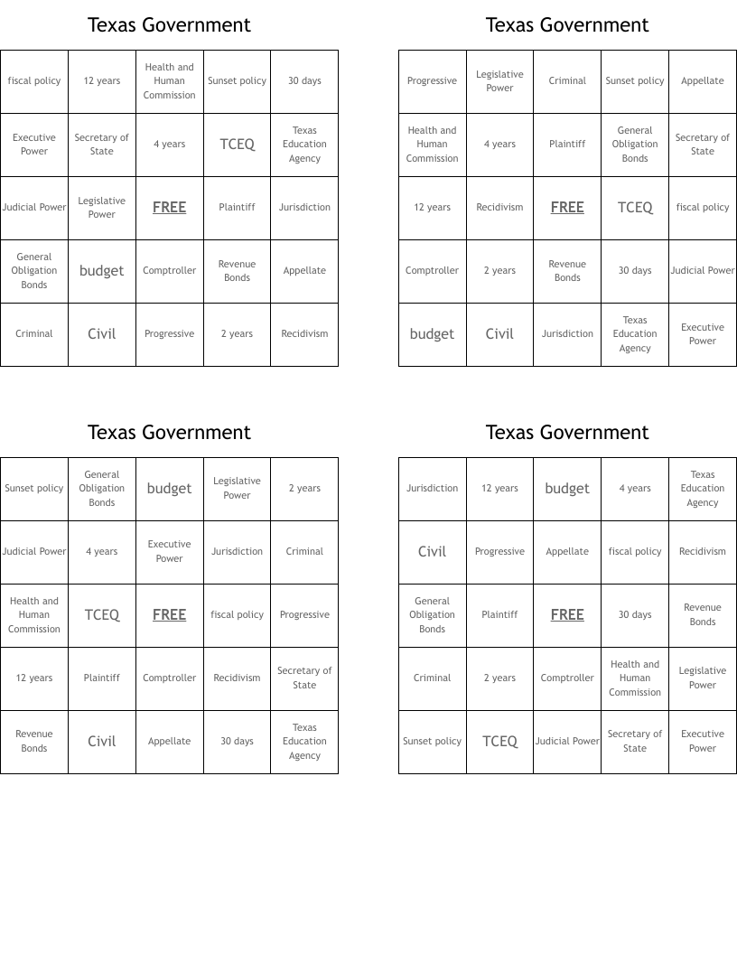Texas Government Bingo Cards