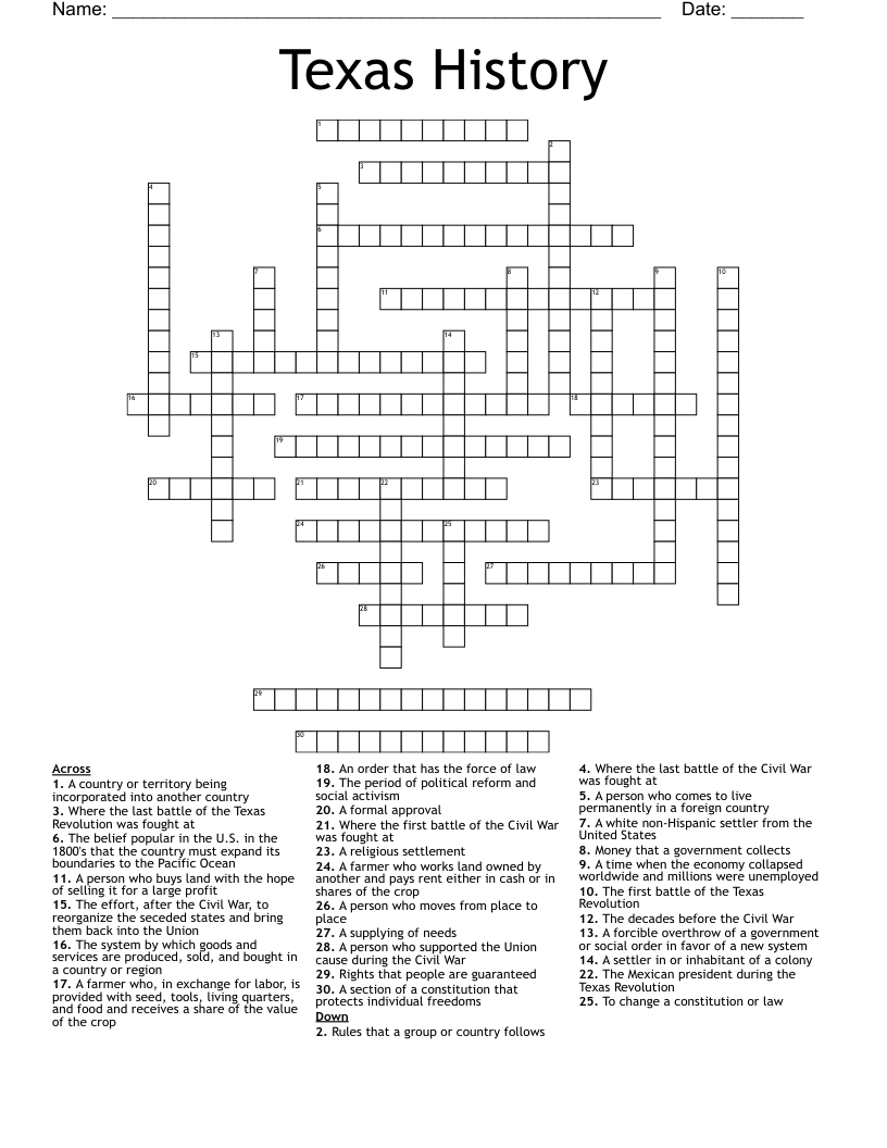 Texas History Crossword
