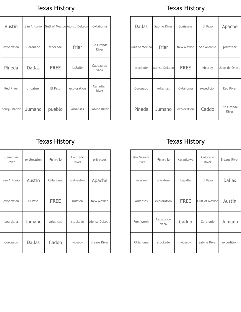 Texas History Bingo Cards