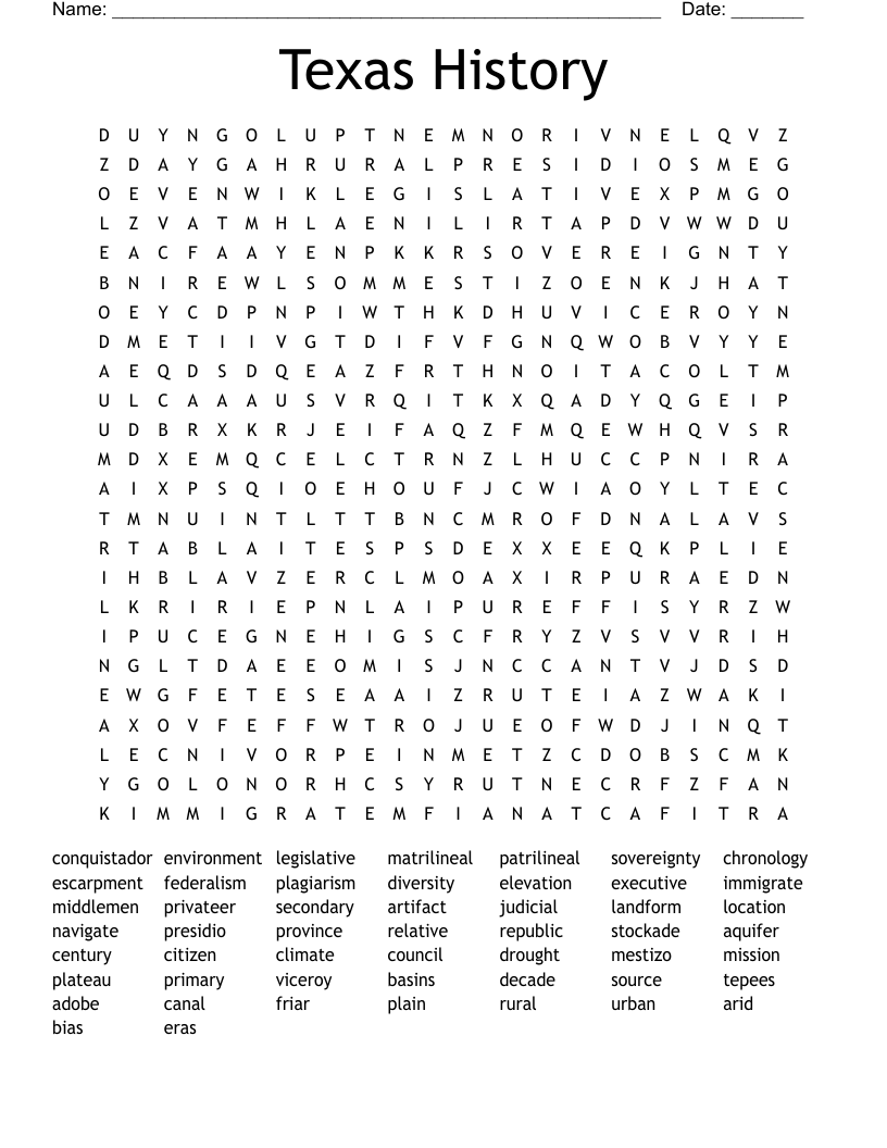 Texas History Word Search