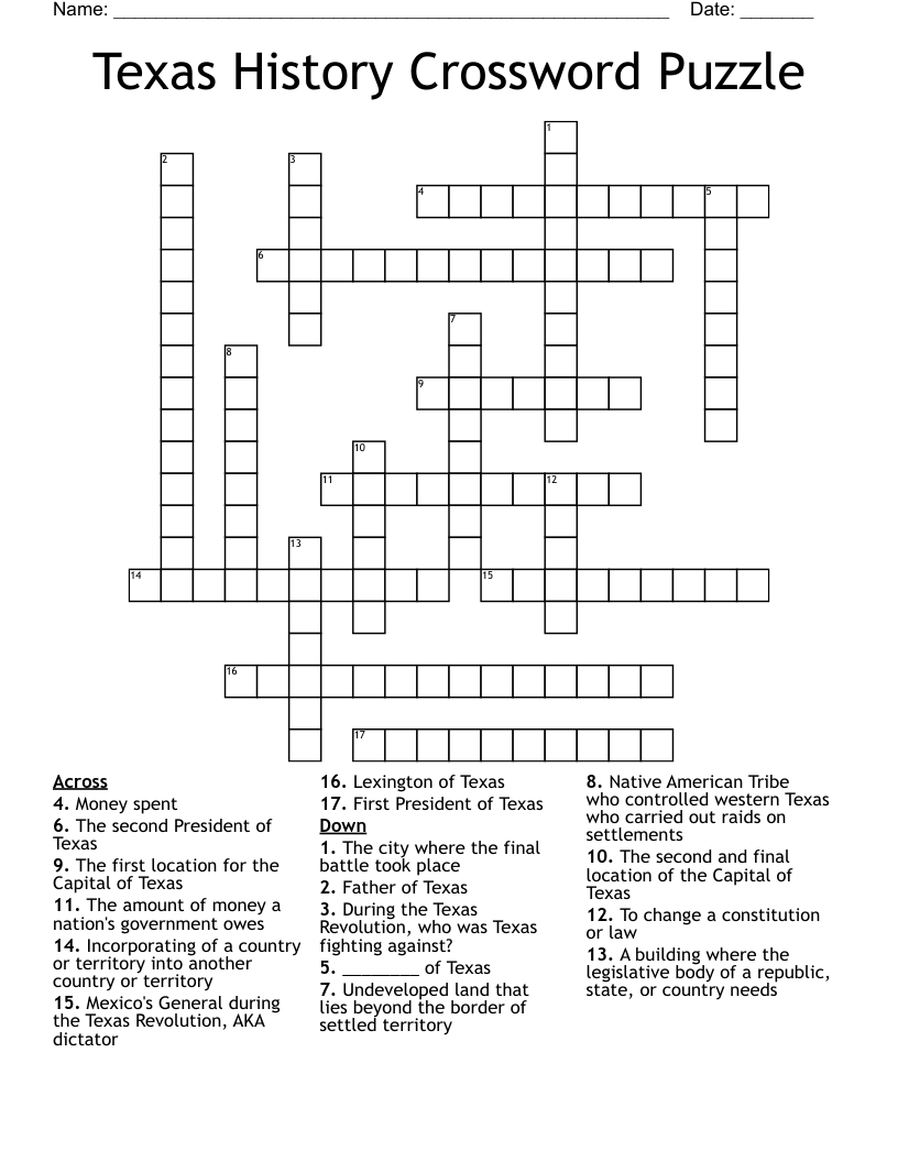 Texas History Crossword Puzzle