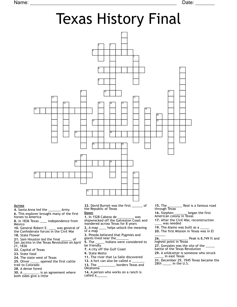 Texas History Final Crossword