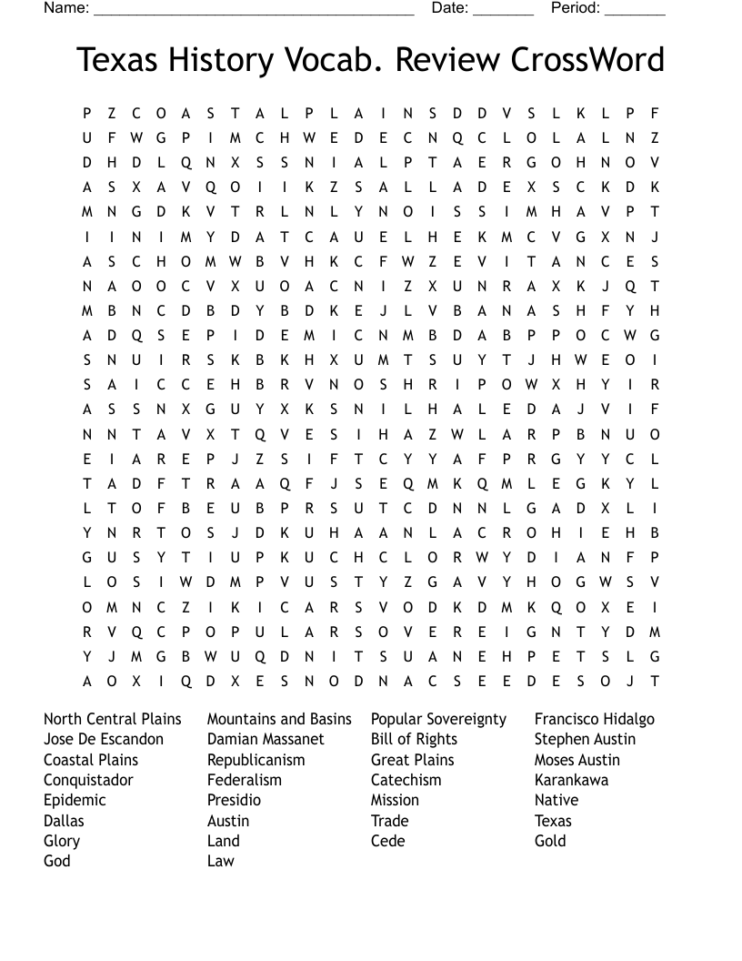 Texas History Vocab. Review CrossWord Word Search