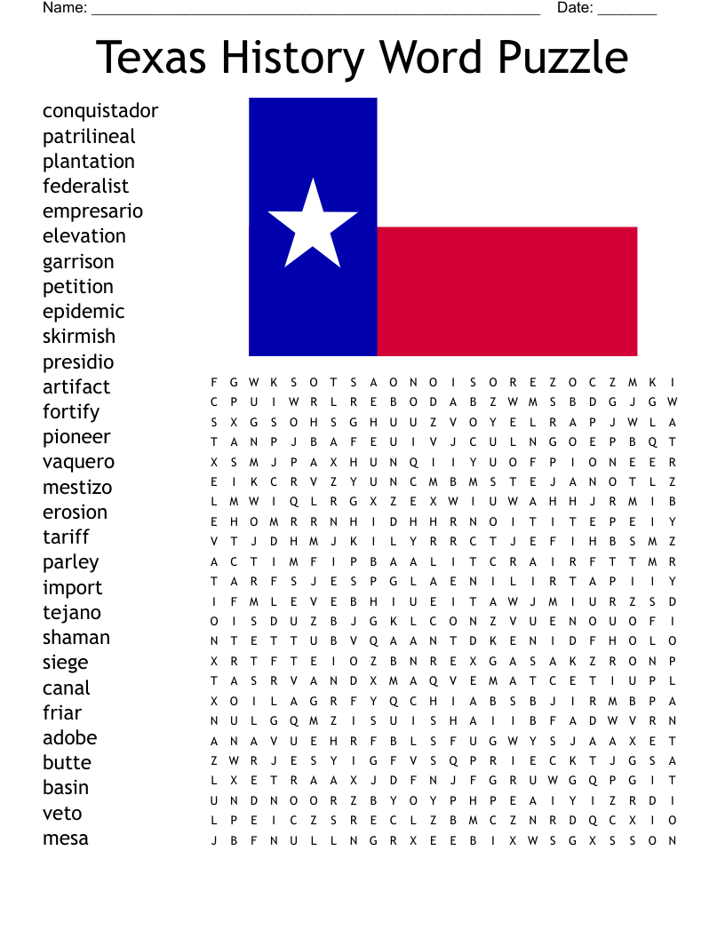 Texas History Word Puzzle Word Search