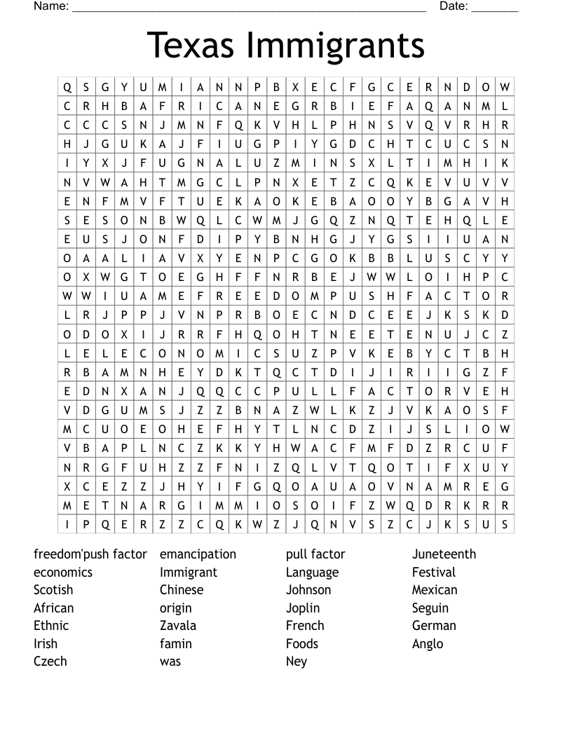 Texas Immigrants Word Search