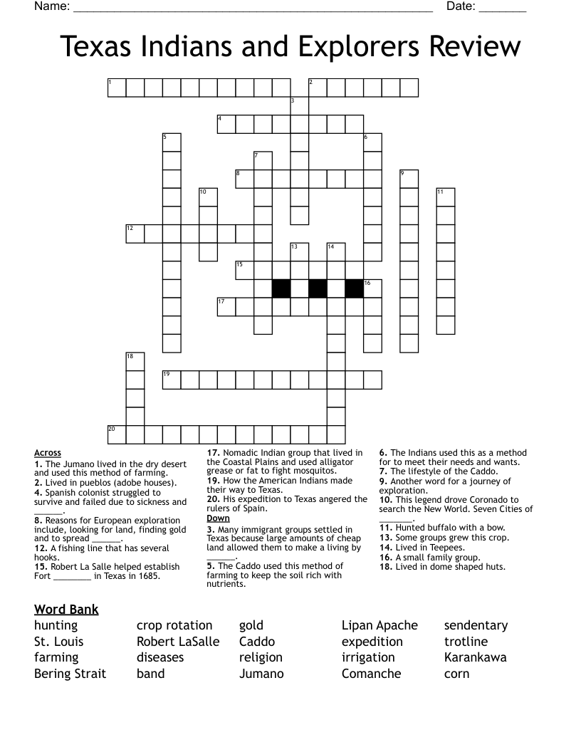 Texas Indians and Explorers Review Crossword