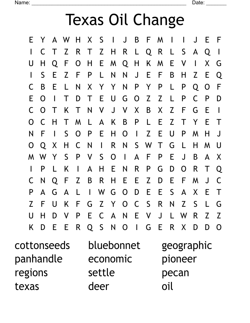 Texas Oil Change Word Search
